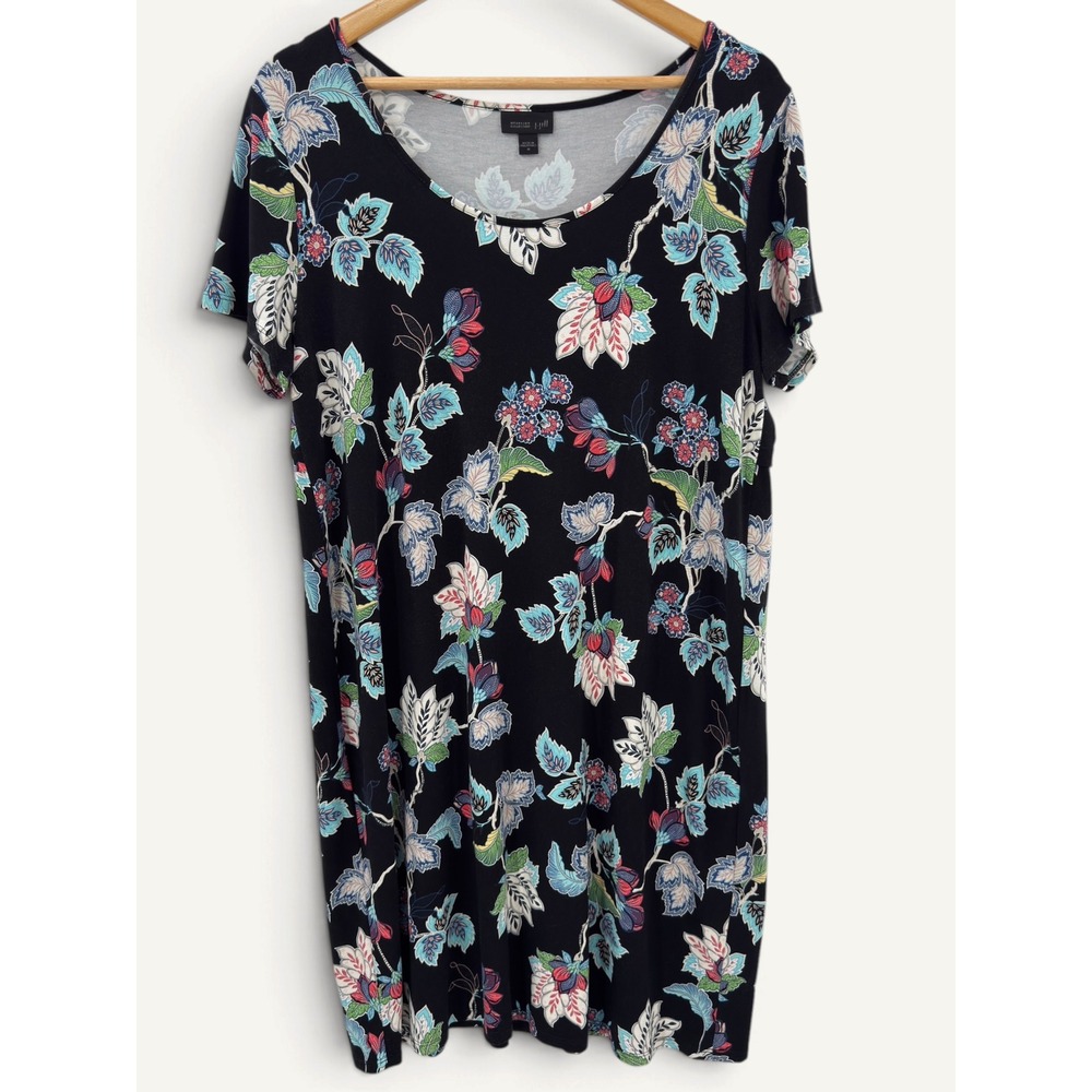 J.Jill Wearever Black Floral Knit A-Line Dress Short Sleeve M Travel Workwear